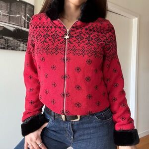 Acorn 90s Vintage red Snowflakes design knit faux fur trim zip up sweater